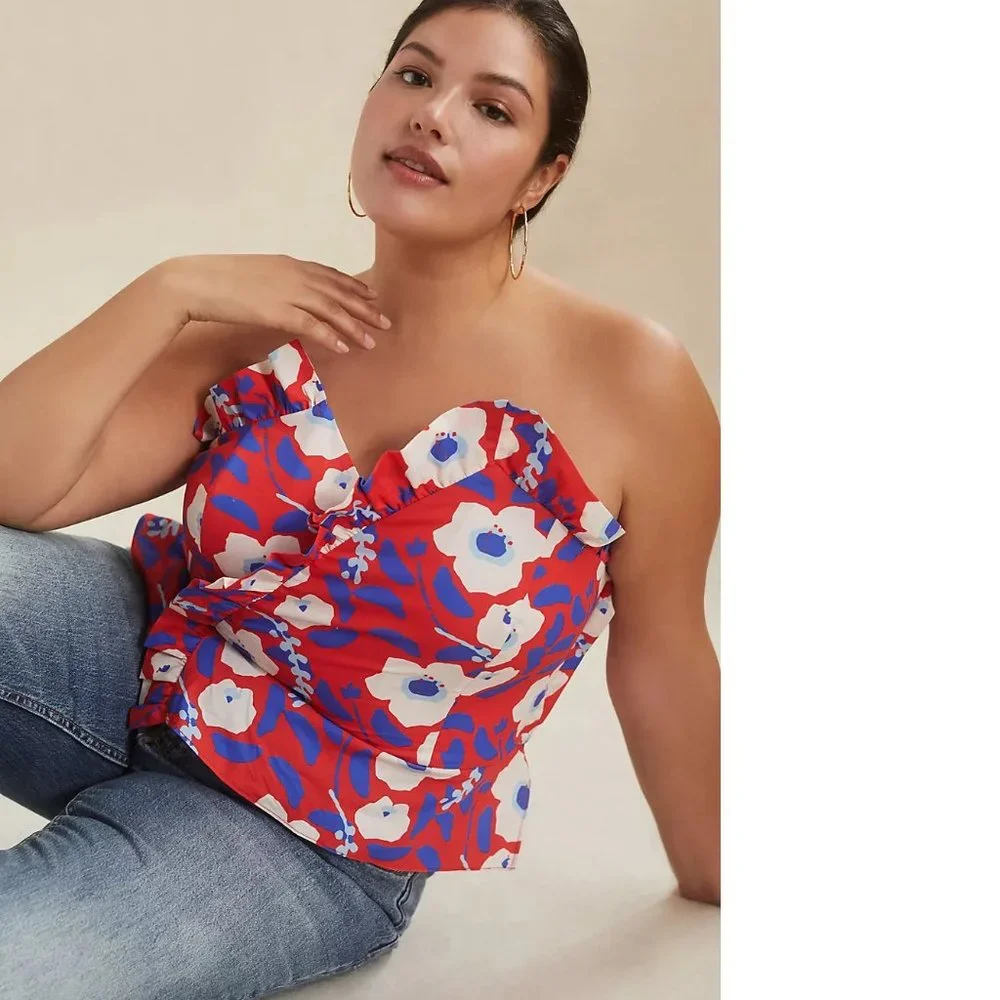 Anthropologie Red Floral Ruffled V-Neck Sleeveless Top - Picture 6 of 6